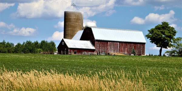 Farm with grass field in foreground