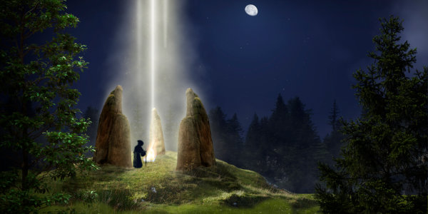 Silhouette of druid at phantasy stone temple