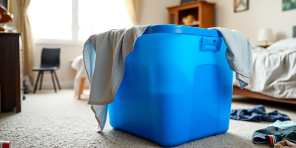 Baby Jay Blue plastic bin with a sheet draped over it, in a boy's bedroom.