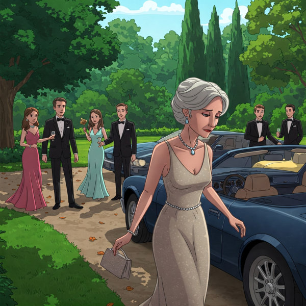 Depressed woman with graying hair, turning her back to her husband and the people at a backyard party