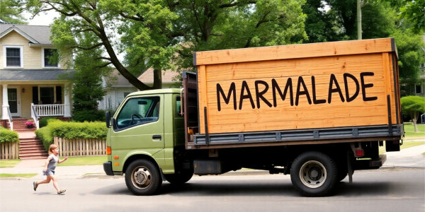 Adelaide and Marmalade Truck loaded with a wooden crate on which the word 'Marmalade' is written. The truck is parked on a street with houses.