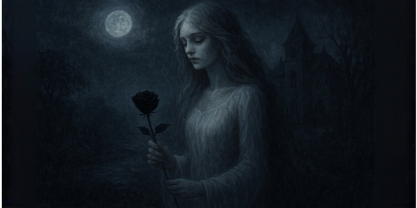 A woman holding a black rose. It's dark, the moon shines.