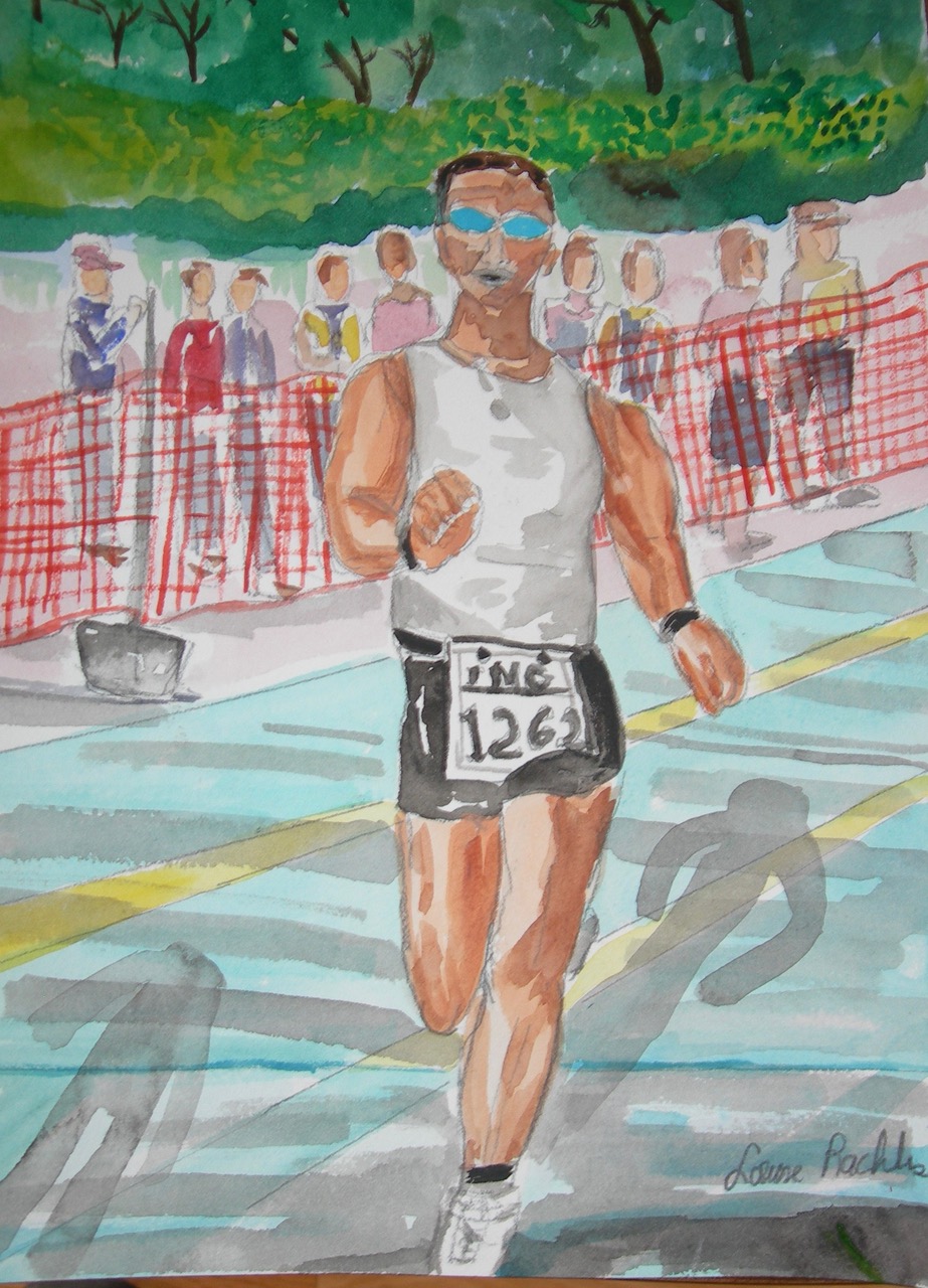 Painting of a man running a race, with people watching.