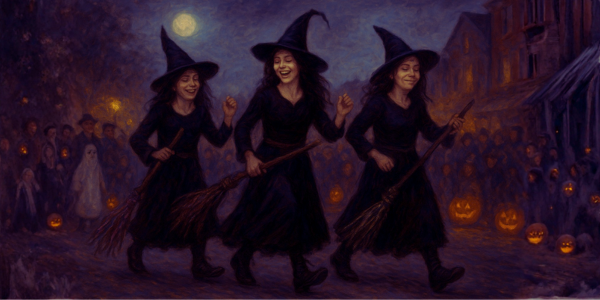 Three sisters, dressed as witches. In a Halloween-themed scene, with dressed up people and pumpkin lanterns behind them. 
