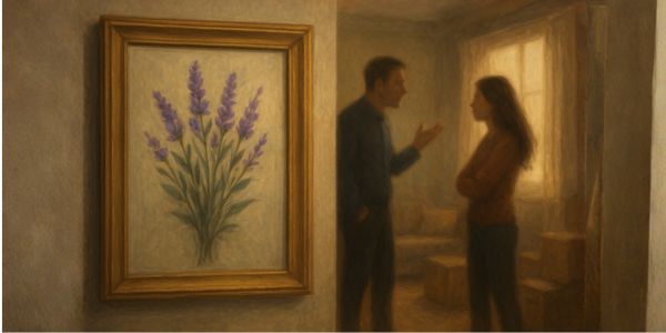 A painting on the wall, with out of focus behind it, a couple arguing