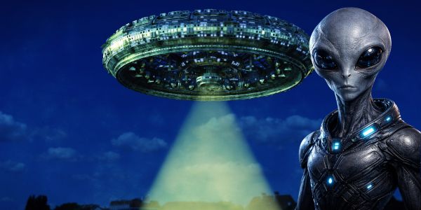 Alien with a space ship in the background