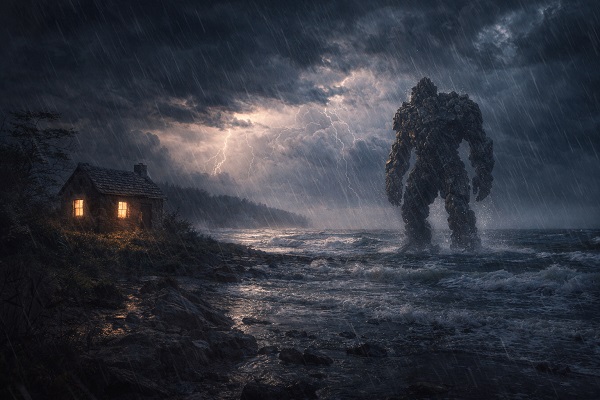 Cottage by the stormy shore