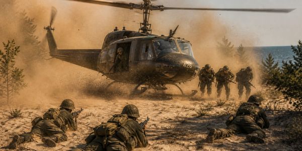 Huey helicopter landing in dusty terrain