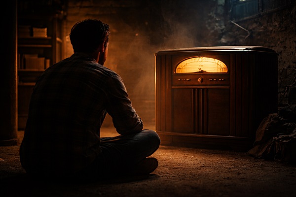 Man listening to vintage radio in basement
