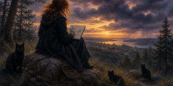 Eliza sketching on the hillside at dusk
