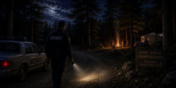 Security guard at his vehicle, in the dark, with flashlight, at Pine Ridge campground