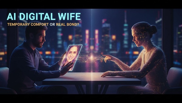 A man sitting at a table in a dimly lit room, across from a glowing holographic woman with a city landscape behind them, through a large window.