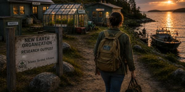 A woman with a backpack on an island with the set-up for New Earth Organization or NEO: two buildings, a greenhouse, a boat.