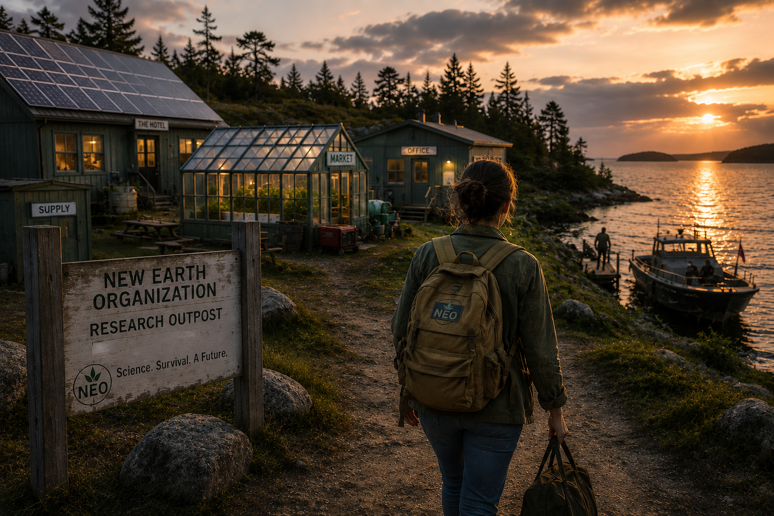 A woman with a backpack on an island with the set-up for New Earth Organization or NEO: two buildings, a greenhouse, a boat.