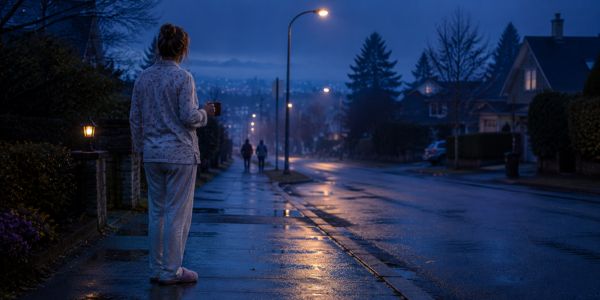Woman in pyjamas and slippers, holding a coffee mug, standing on a wet sidewalk, looking down the street