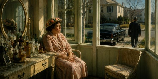A woman sitting in an enclosed porch. Medicine bottles covering a vanity. Empty chair beside her. Outside, a tall man walking toward a black Mercury.