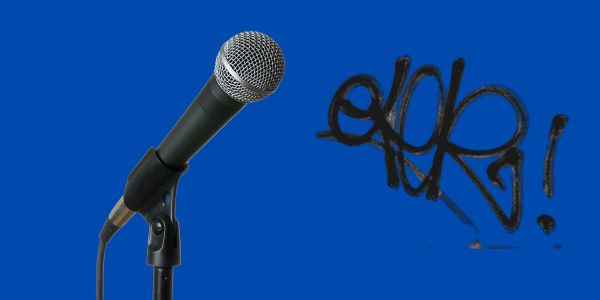Blue Standing microphone and a graffiti tag, against a blue background