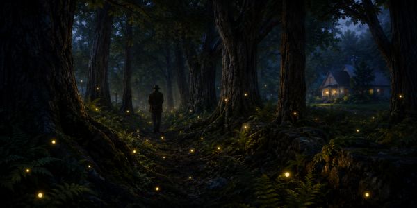 Magical twilight in the forest; man with a hat walking between big trees, in the dark