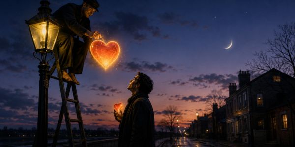 A man sitting on a glowing old oil street lamp, holding a large glowing heart-shaped light. A man on the street looking up, holding a small glowing heart-shaped light.