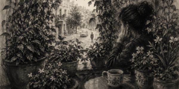 A woman hidden behind balcony plants, looking through a small gap toward the street below.