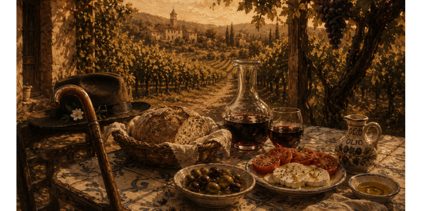 Rustic tiled table with wine carafe, bread, olives, tomatoes, a fedora, and an old walking stick leaning nearby.