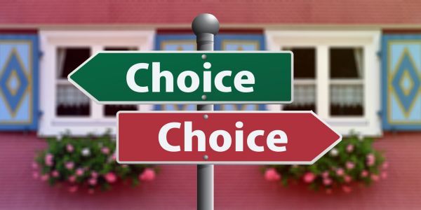 Two signs, pointing in opposite directions. Both signs say "choice".