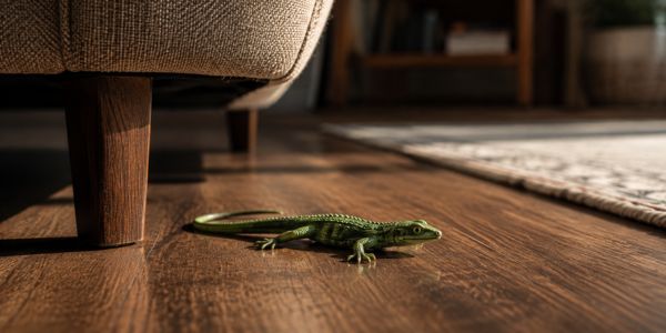 A small green lizard sits on a living-room floor beside a chair.