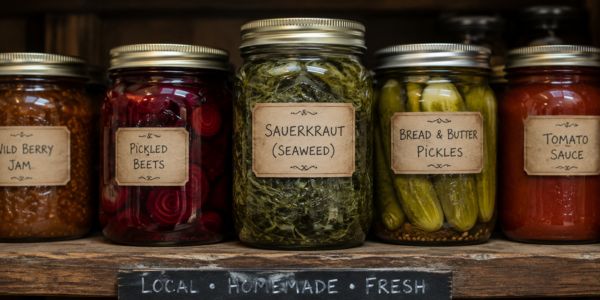 A jar of green seaweed sauerkraut sits among homemade preserves on a rustic grocery store shelf.