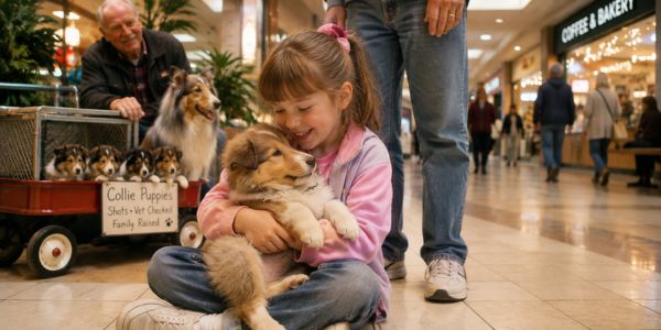 A young girl cuddles a Collie puppy in a shopping mall while her father and the puppy seller look on.