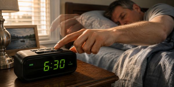 A sleepy man reaches to silence his alarm clock as a ghostly second hand appears to press the button moments before him.