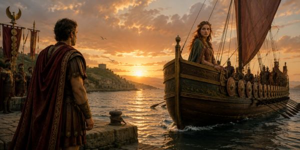 Queen Tlachtga looks back at Publius from a departing Roman galley as he watches from the harbour at sunset.