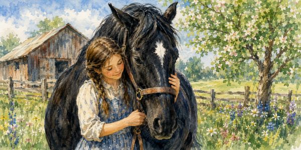 Watercolour illustration of young Becky embracing Jolly, her black horse, in a sunny farmyard.