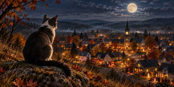 A grey, black and white cat sits on a rocky hill overlooking a village decorated for Halloween, illuminated by a full moon.