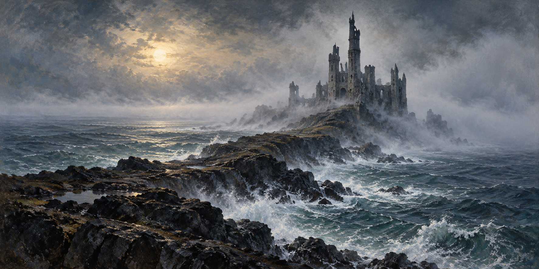 A ruined Gothic castle rises from a narrow, rocky peninsula, surrounded by crashing ocean waves and thick fog beneath a stormy sky.