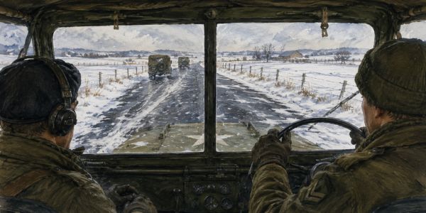 Two soldiers travel in a military jeep along a snowy country road, with two jeeps ahead in the convoy.