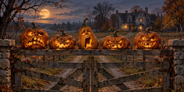 Five grotesquely carved, glowing pumpkins sit atop a wooden farm gate, with an old farmhouse and pumpkin fields beneath a moonlit sky.