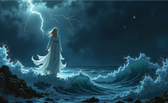 A ghostly female figure walks across the furious waves of a black sea A ghostly female figure walks across the furious waves of a black sea