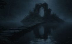 A ruined stone archway on a small island