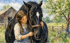 Girl and Horse at the Spring Farm