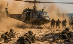 Huey helicopter landing in dusty terrain