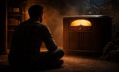 Man listening to vintage radio in basement