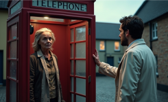 Woman stands inside a vintage red telephone booth Woman stands inside a vintage red telephone booth