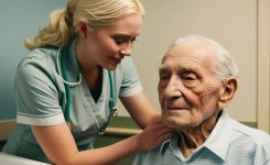 Blonde female nurse with a fragile senior man